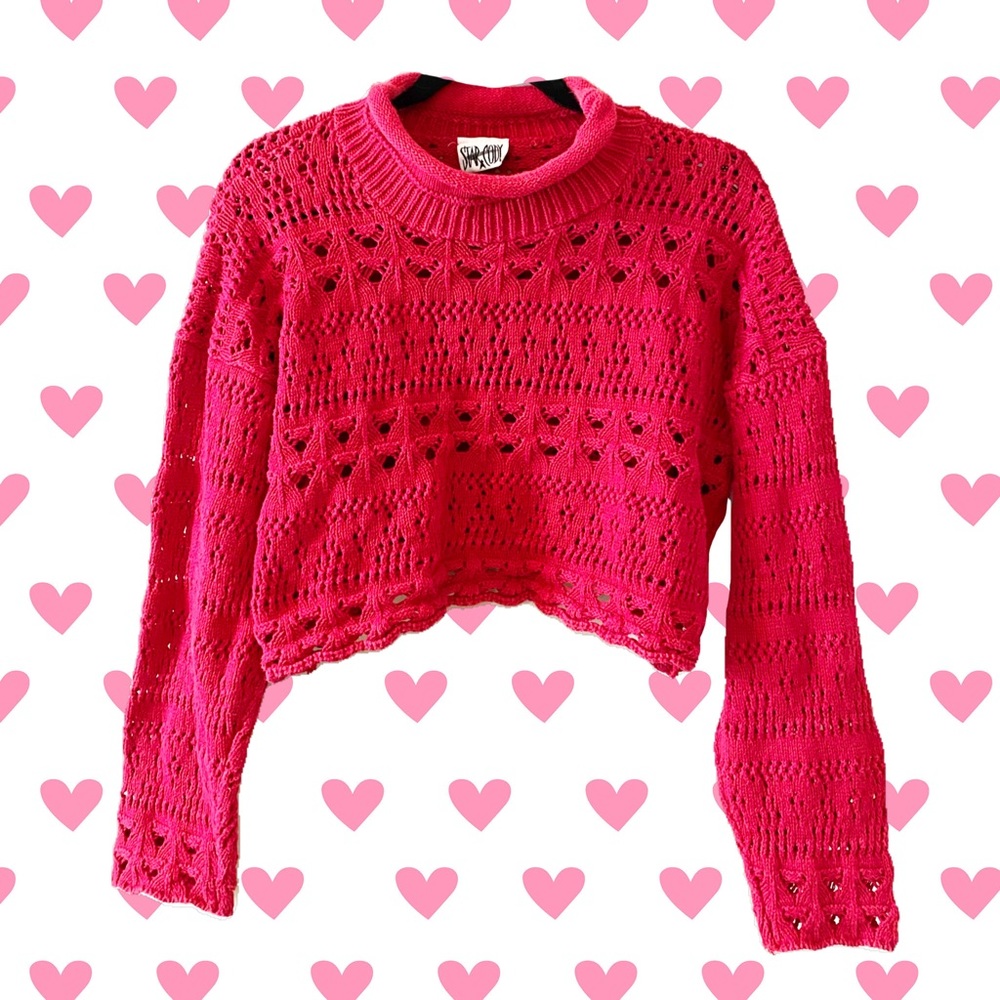 Vintage Cropped Red Crochet Sweater